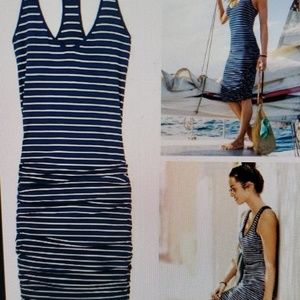 Athleta blue and white striped ruched dress